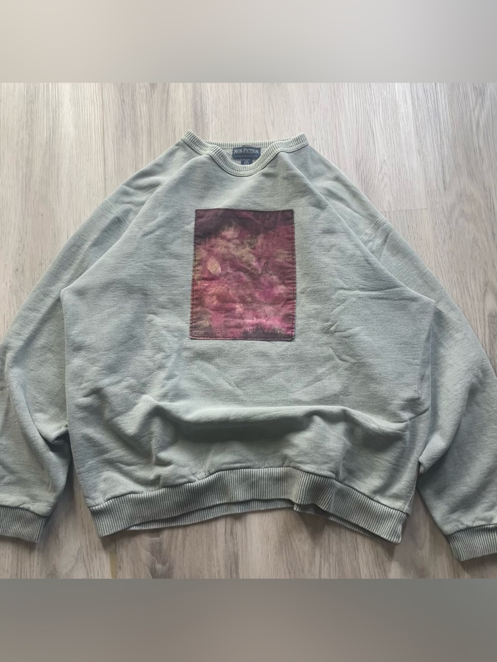 Vintage Sage Green Crewneck Sweatshirt with Pink Graphic Patch